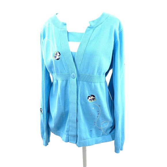 Quacker Factory Blue Butterfly  Sequin Tank Top Cardigan Sweater Size Medium - Picture 1 of 9